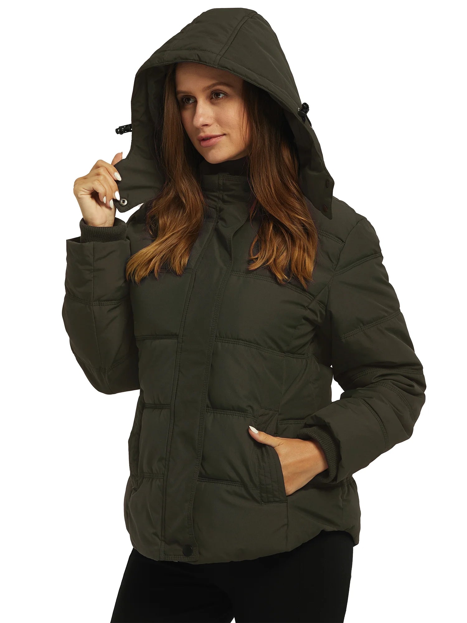 Women'S Winter Coat Quilted Puffy Coats Puffer Jacket Parka with Hood Army Green L