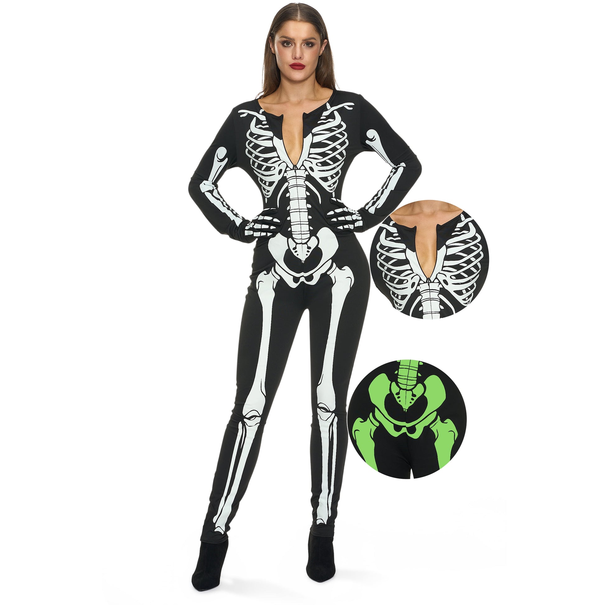 Glow in the Dark Skeleton Costume for Adults Women Halloween Dress up Party Role Playing Cosplay