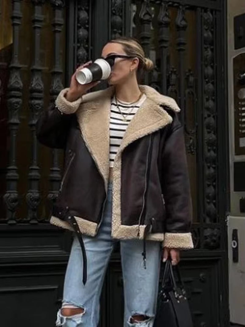 Fashion Winter Warm Faux Fur Jacket Women Long Sleeve Moto Biker Zipper Jackets Coat Female Autumn Casual Lapel Coat