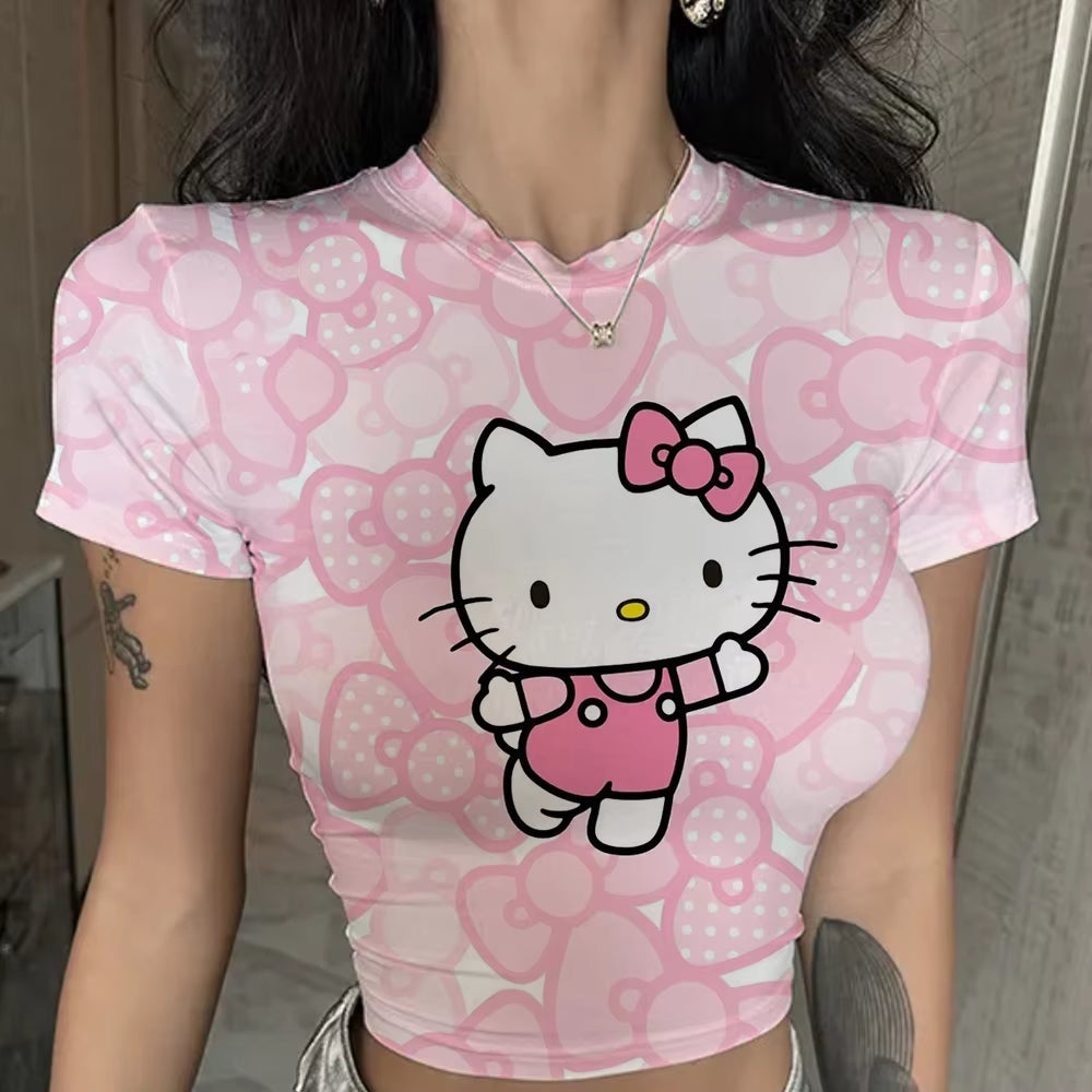 Hello Kitty Cute Print Crop Top Basic Casual Crewneck Short Sleeve T-Shirt Women Harajuku Slim Tees Vintage Fashion Y2K Outfits