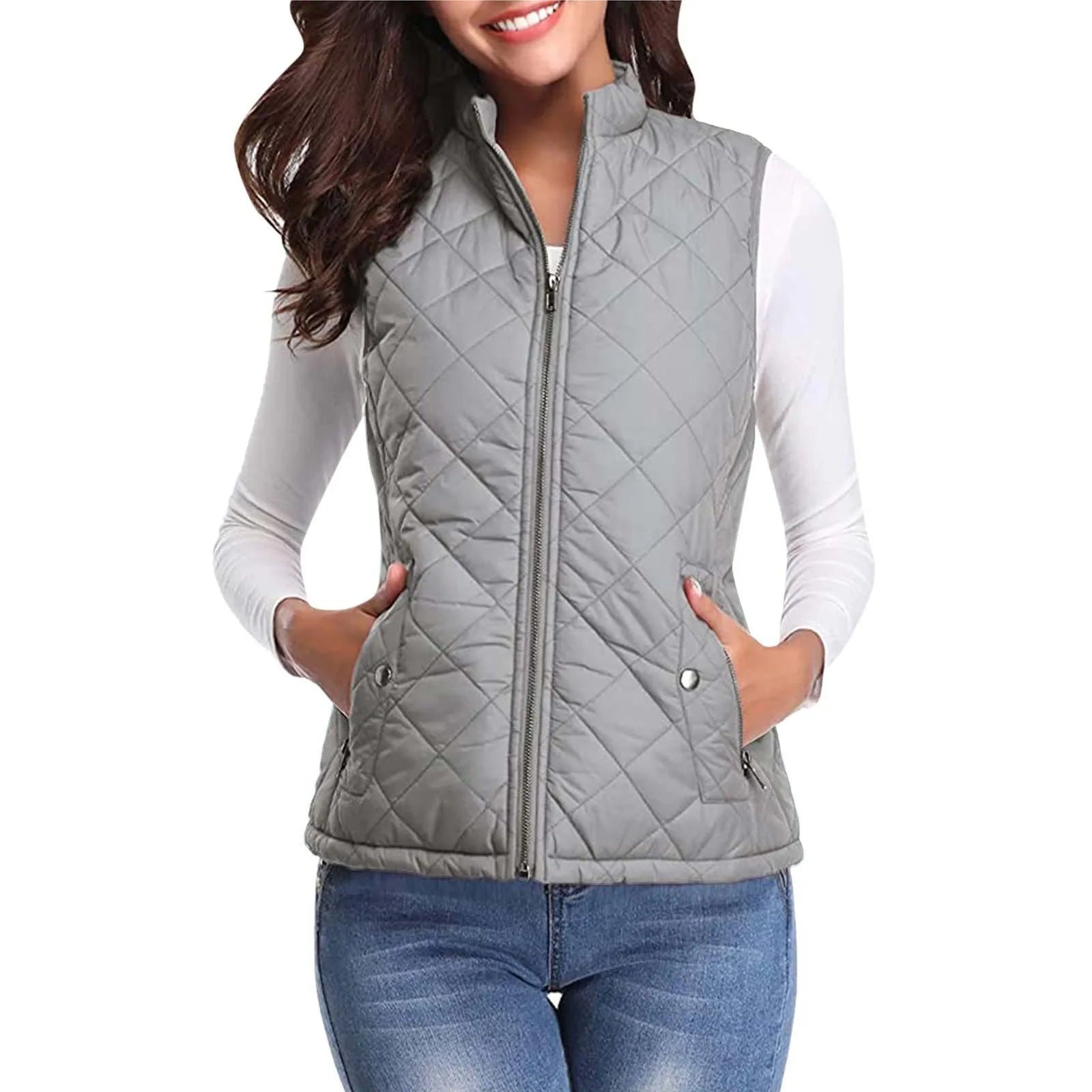 Women'S Padded Vest Quilted Jacket Ladies Zipper Sleeveless Waistcoat Autumn Winter Lightweight Comfortable Cotton down Vests