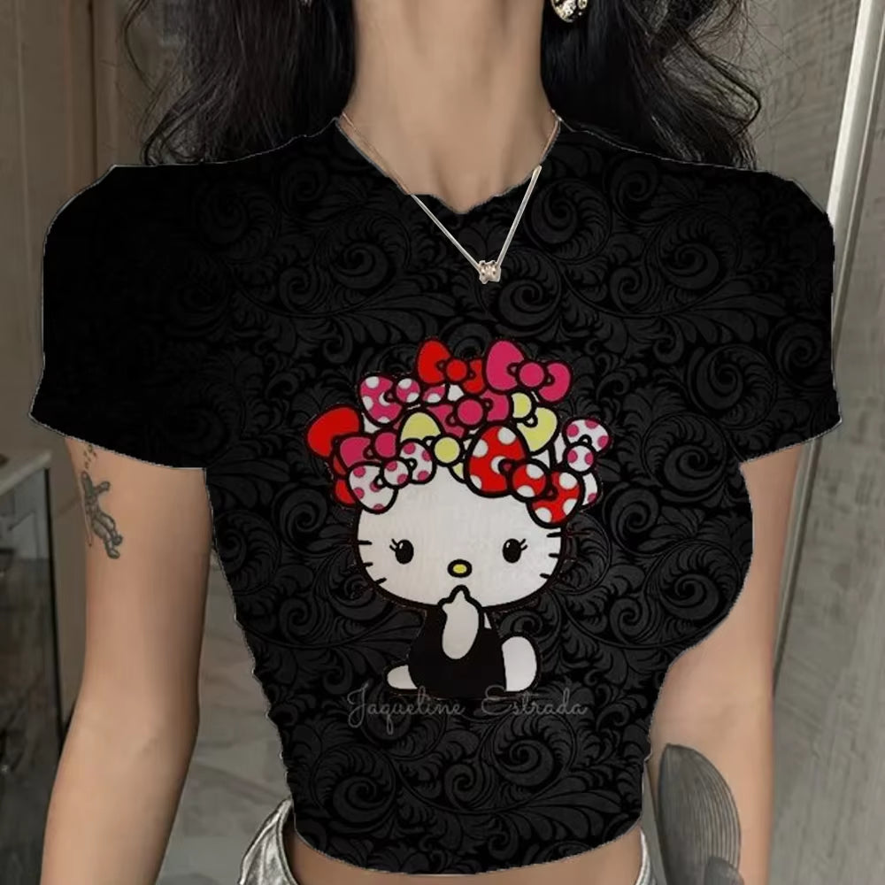 Hello Kitty Cute Print Crop Top Basic Casual Crewneck Short Sleeve T-Shirt Women Harajuku Slim Tees Vintage Fashion Y2K Outfits