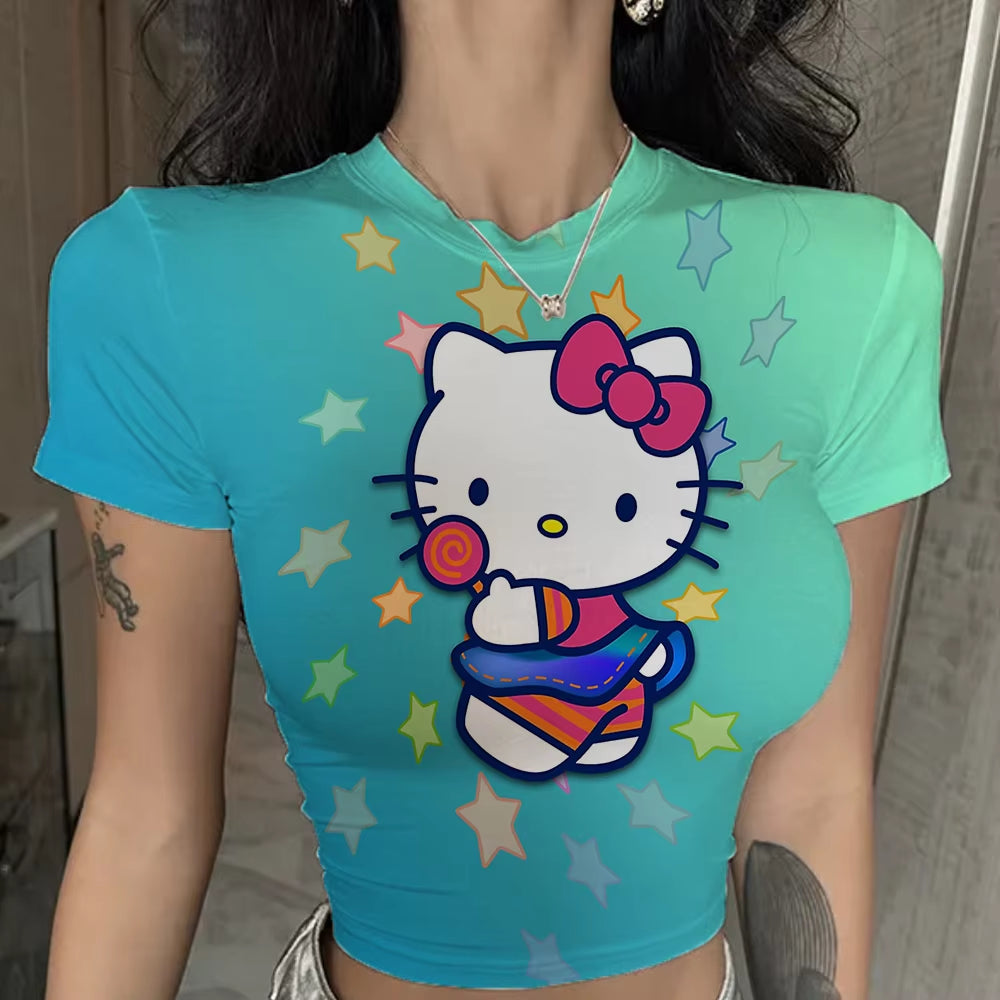 Hello Kitty Cute Print Crop Top Basic Casual Crewneck Short Sleeve T-Shirt Women Harajuku Slim Tees Vintage Fashion Y2K Outfits