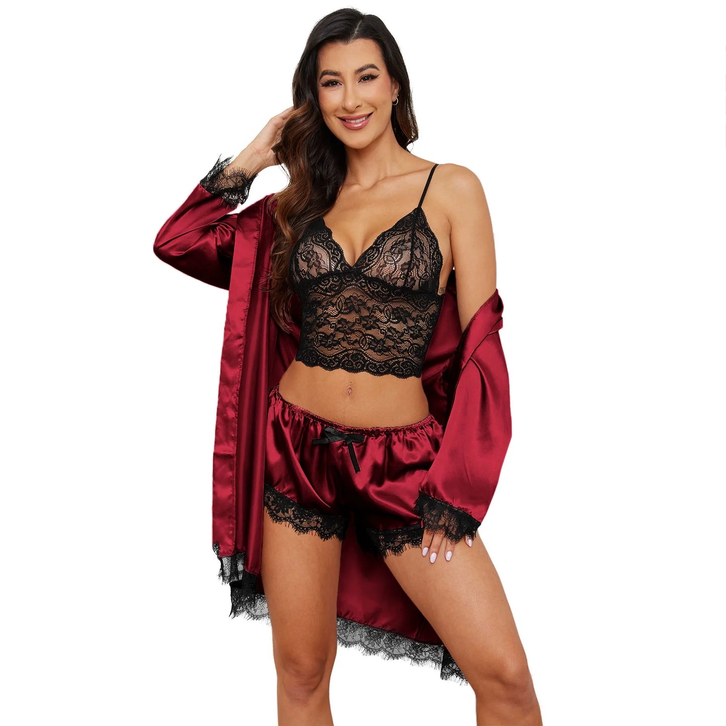 Sexy Lingerie,  Silk Satin Pajamas for Women, Womens Summer Pajamas Pjs Sets of 4 Pcs with Floral Lace Top Shorts and Robe, Gift for Women, Black, M