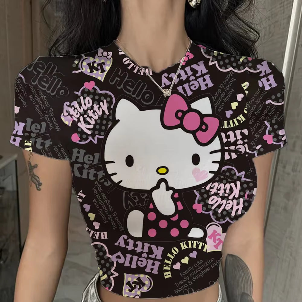 Hello Kitty Cute Print Crop Top Basic Casual Crewneck Short Sleeve T-Shirt Women Harajuku Slim Tees Vintage Fashion Y2K Outfits