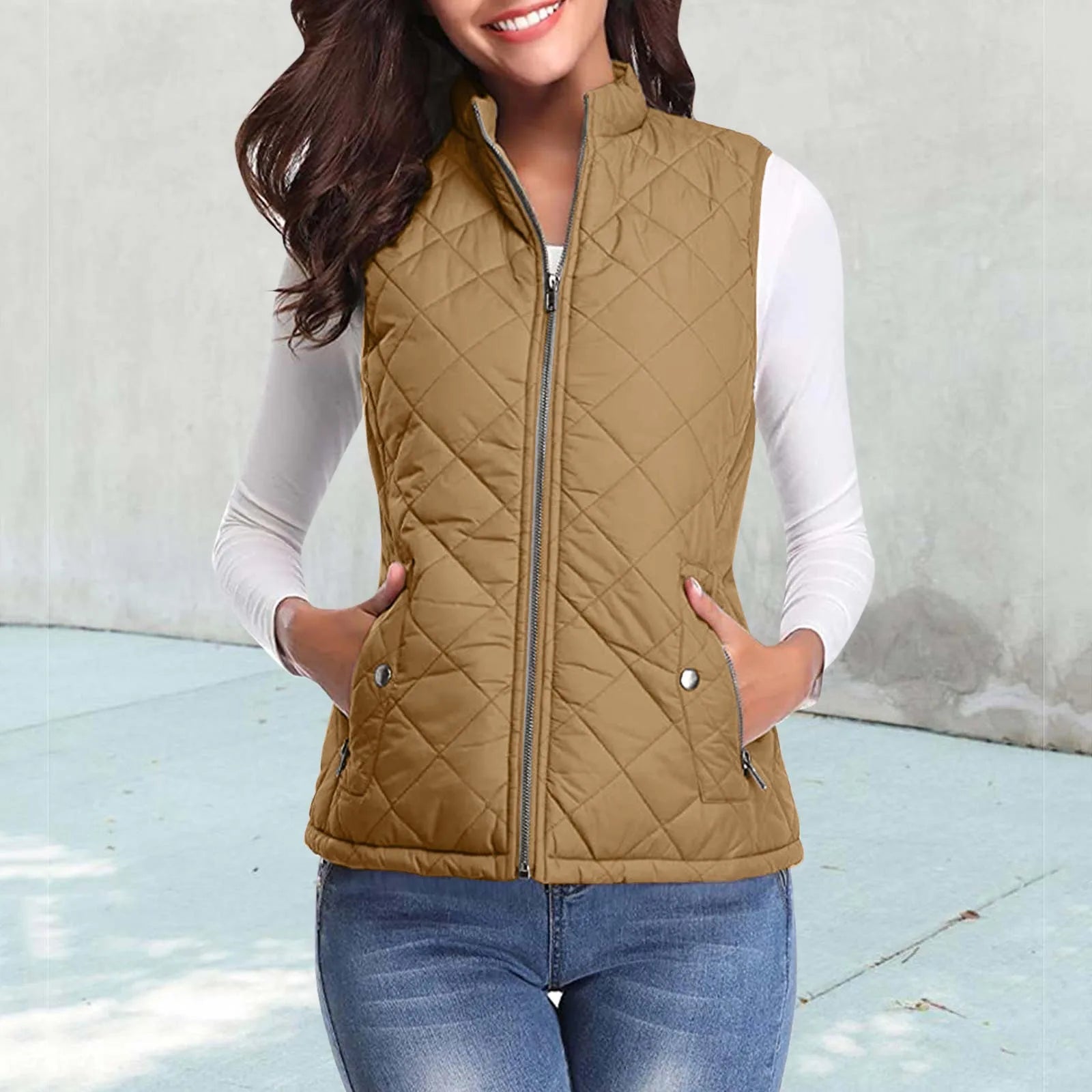 Women'S Padded Vest Quilted Jacket Ladies Zipper Sleeveless Waistcoat Autumn Winter Lightweight Comfortable Cotton down Vests