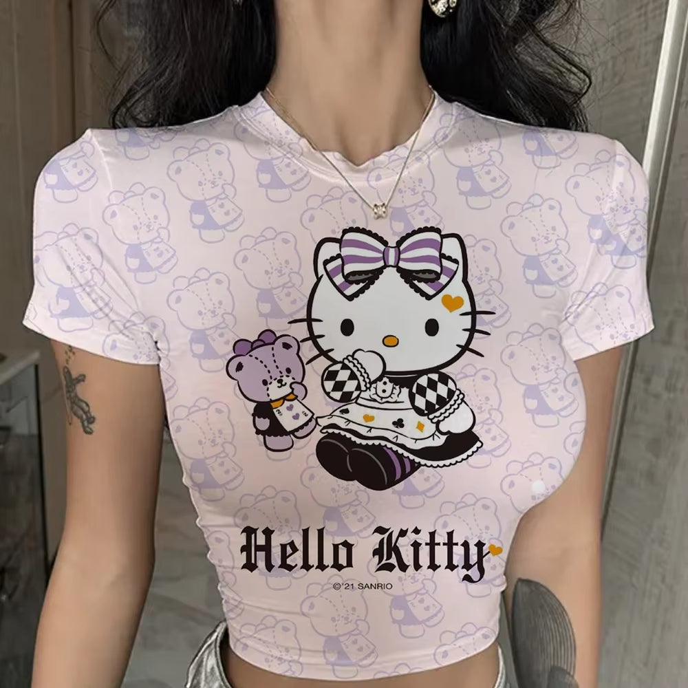 Hello Kitty Cute Print Crop Top Basic Casual Crewneck Short Sleeve T-Shirt Women Harajuku Slim Tees Vintage Fashion Y2K Outfits