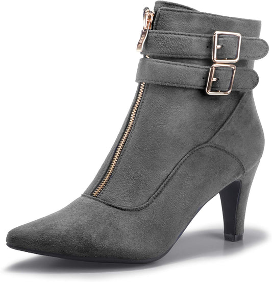 Women'S Buckle Strap Ankle Booties 3 Inch Pointed Toe Zipper Heels Dress Jeans Boots