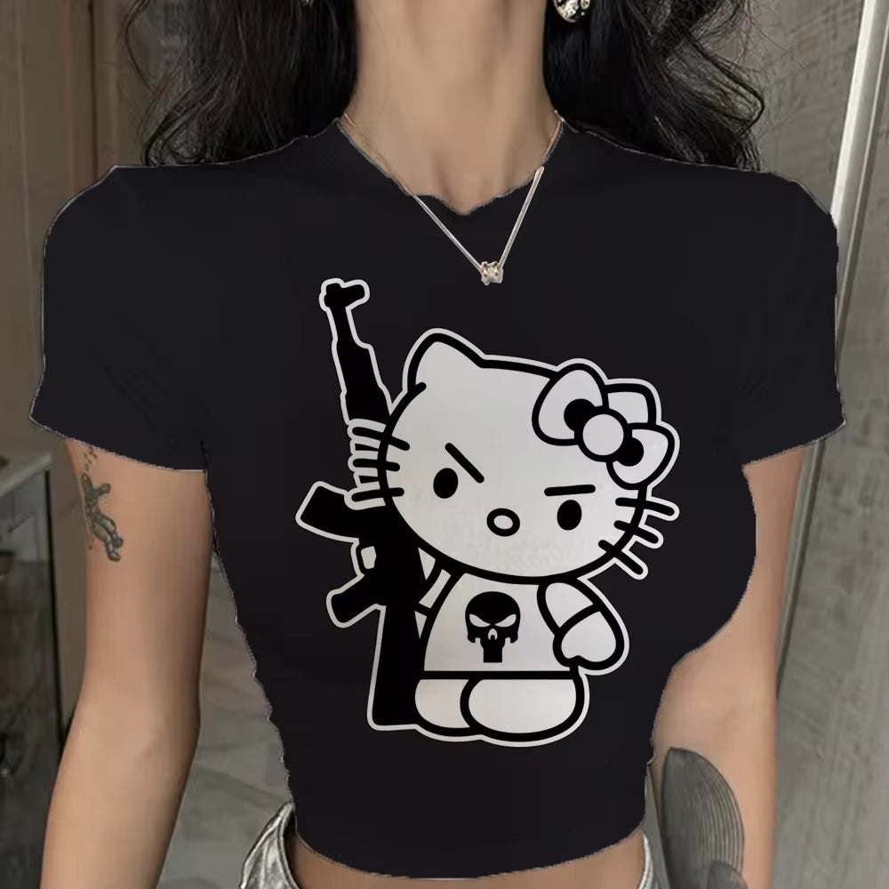 Hello Kitty Cute Print Crop Top Basic Casual Crewneck Short Sleeve T-Shirt Women Harajuku Slim Tees Vintage Fashion Y2K Outfits